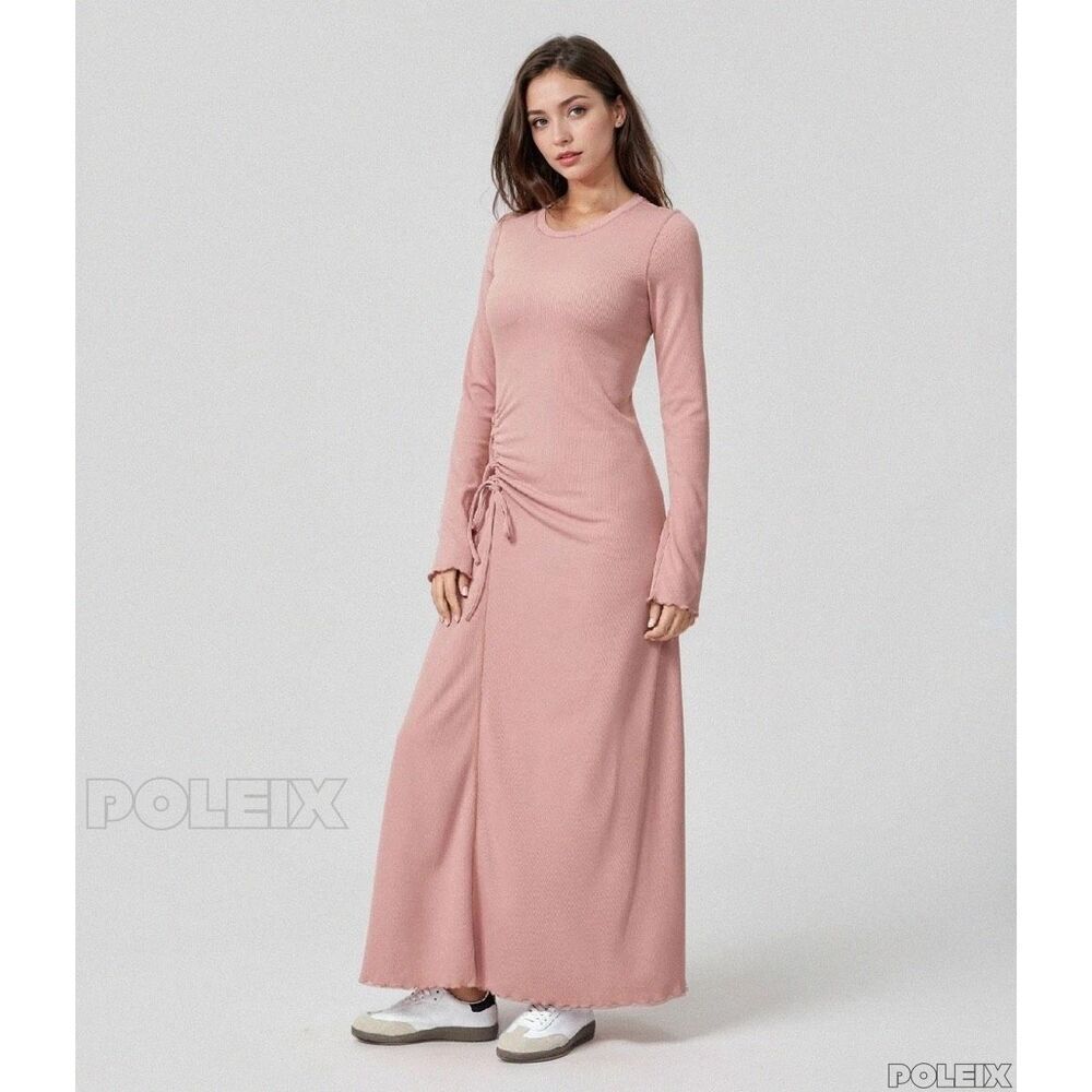 Halara Stunning Maxi Dress with Flare Hem Ribbed Lettuce Edge Long Sleeve S NWT - Picture 3 of 15